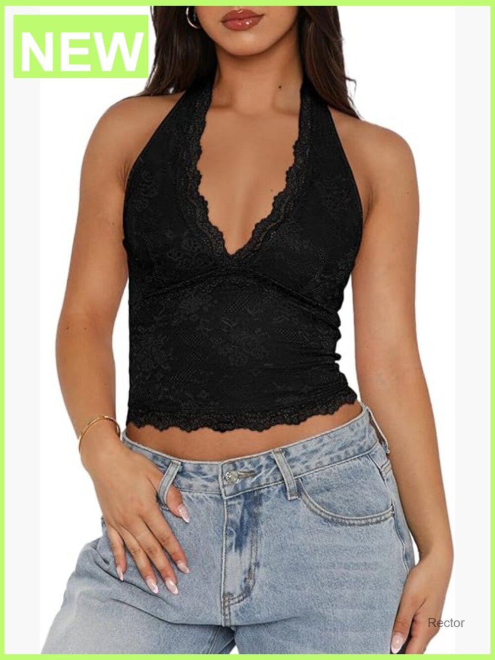 V Neck Lace Halter Backless Double Lined Tank Top